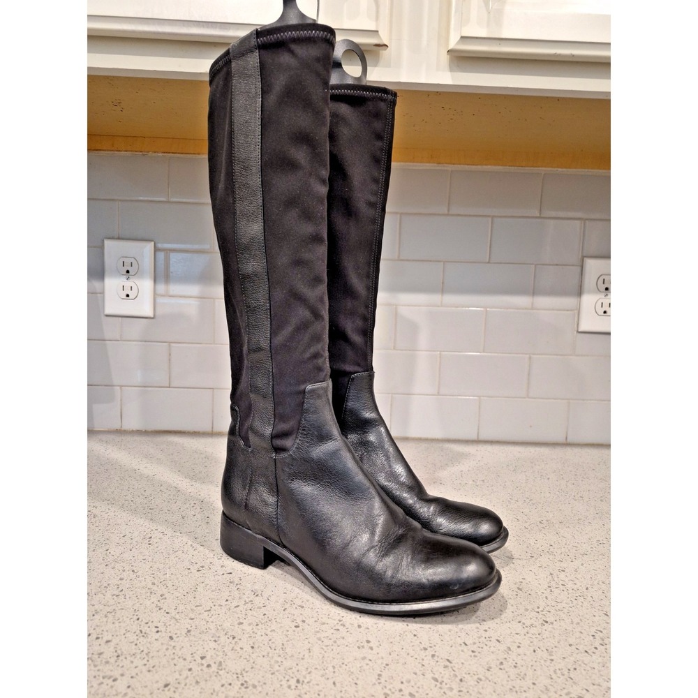 NINE WEST KNEE HI DRESS ELASTIC BLACK LEATHER BOOTS 1 1/4" HEELS size 7 M
